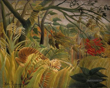  rousseau - Tiger in einem Tropensturm überrascht Henri Rousseau Post Impressionismus Naive Primitivismus